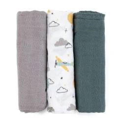 PETITE&MARS Pieluszki z muślinu bambusowego 3 szt Moussy Grey Planes, 68 x 68 cm