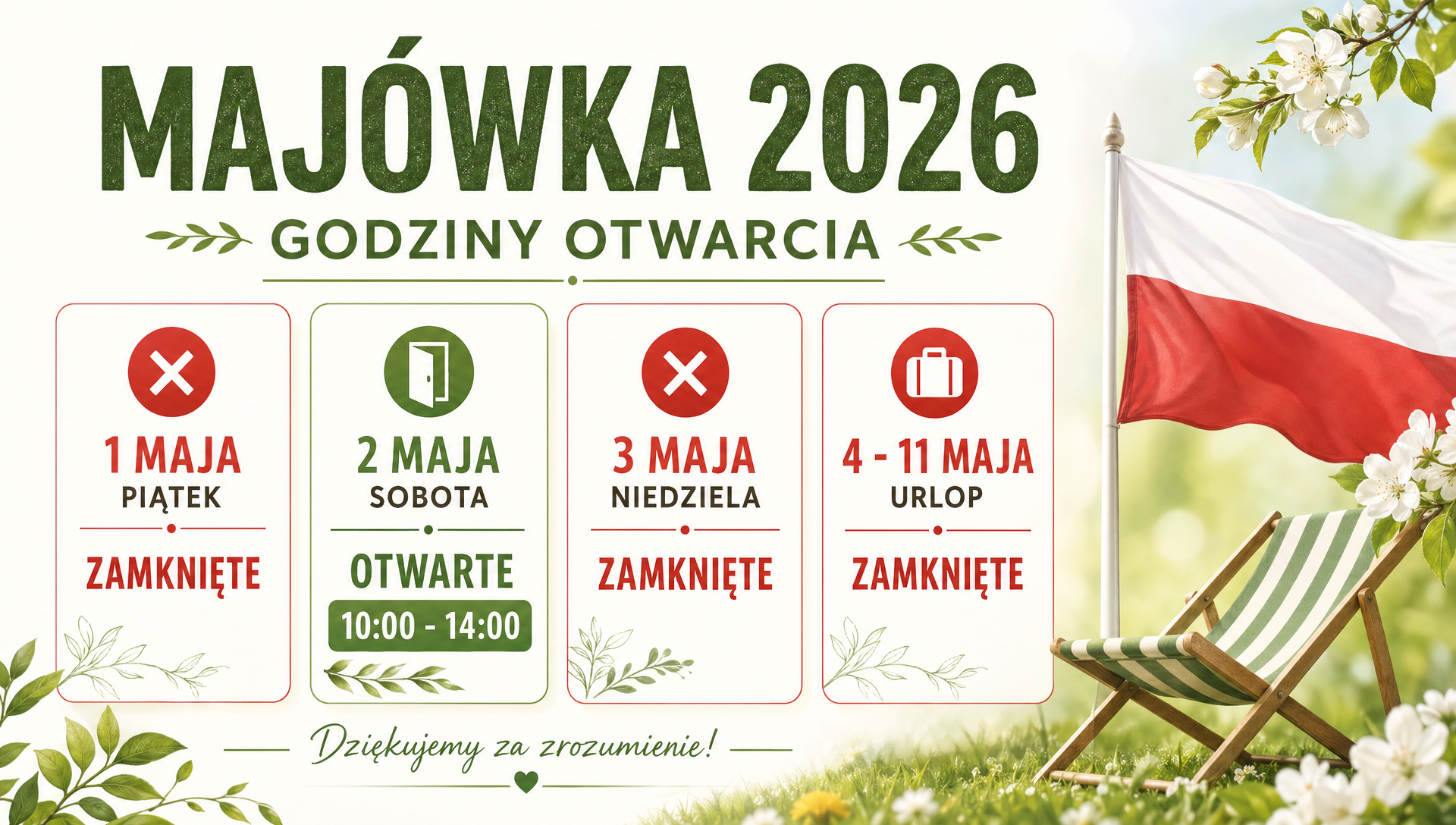 Baner informacyjny-sklep-stacjonarny-harmonogram-pracy-w-weekend-majowy-oraz-informacja-o-planowanym- w-dniach-4-11-maja-urlopie
